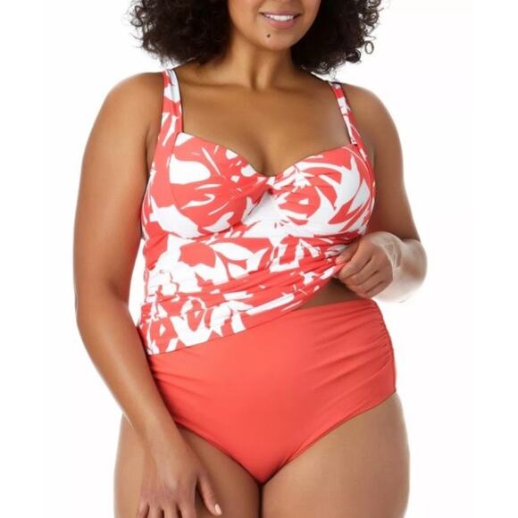 Anne Cole Coral Coastal Palm Retro Twist Underwire Tankini & Bottom 24W NWT - Picture 2 of 8